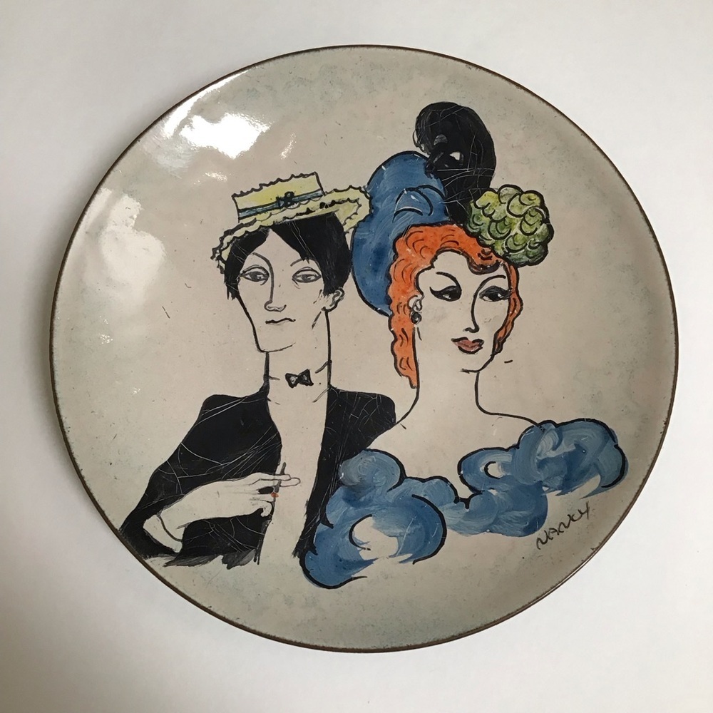 Enamel on Copper Plate Man Showgirl 1900’s Couple SIGNED 5” Mid Century Dish